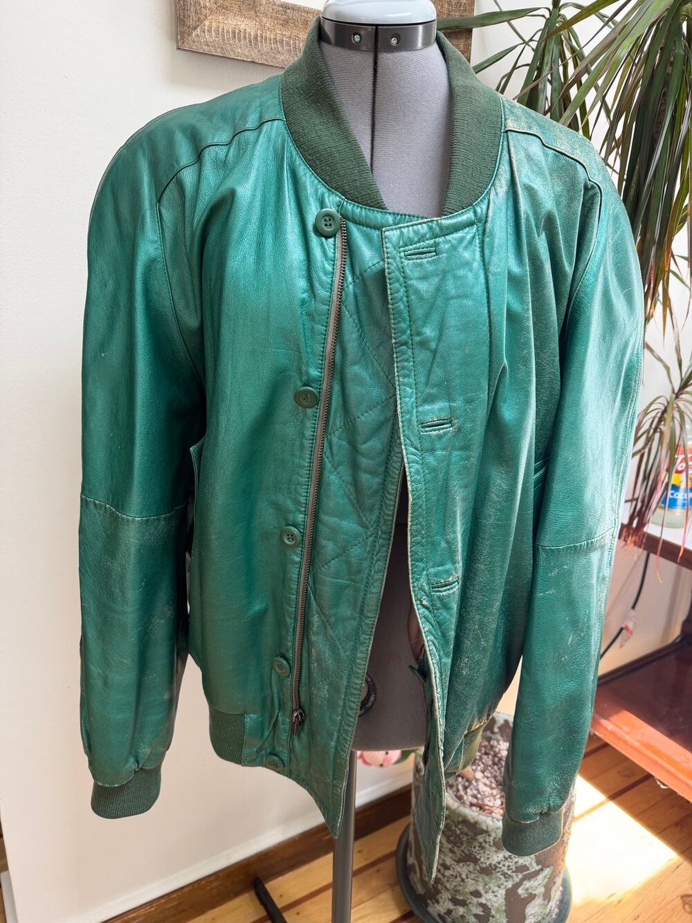 Vintage 80s Aboriginal Italian Leather Bomber Jacket - Green (Size M)